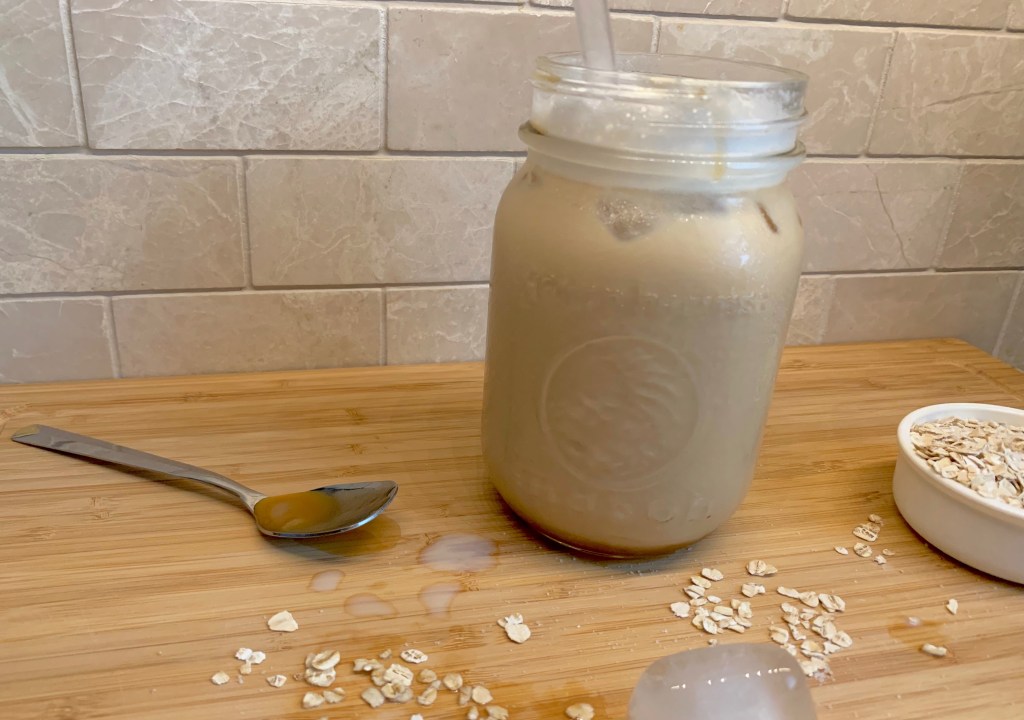 Caramel oat milk iced&nbsp;latte