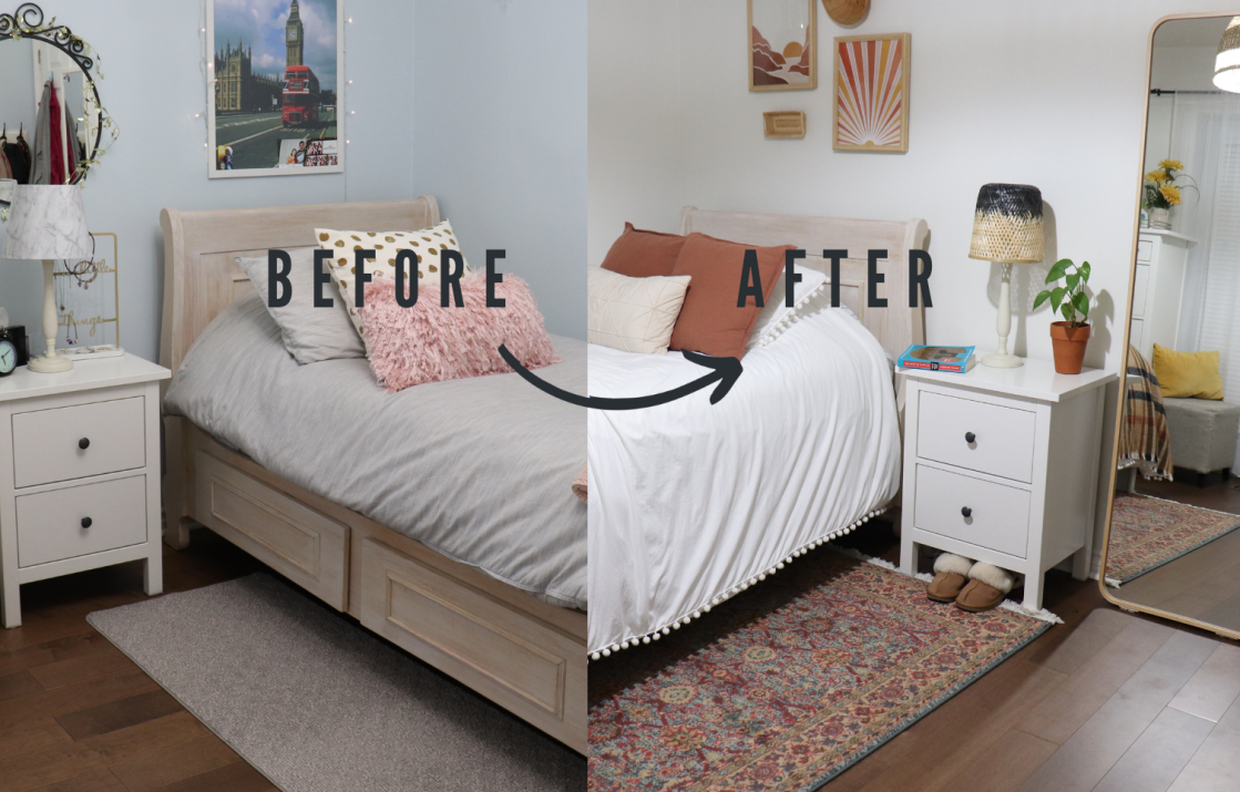 Before and after photos of bedroom makeover