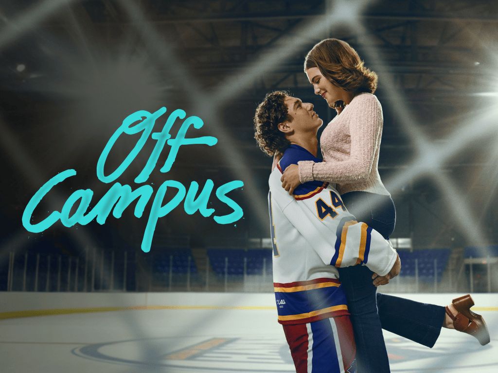 A young couple embracing on an ice rink, with the man in a hockey jersey and the woman wearing a stylish sweater, set against a sports background. The text 'Off Campus' is overlaid in a playful font.