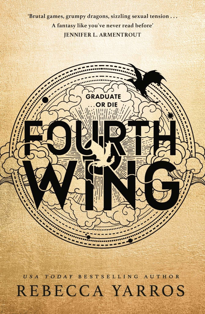 Book cover for 'Fourth Wing' by Rebecca Yarros, featuring bold text and a design with clouds and a dragon silhouette on a gold background.