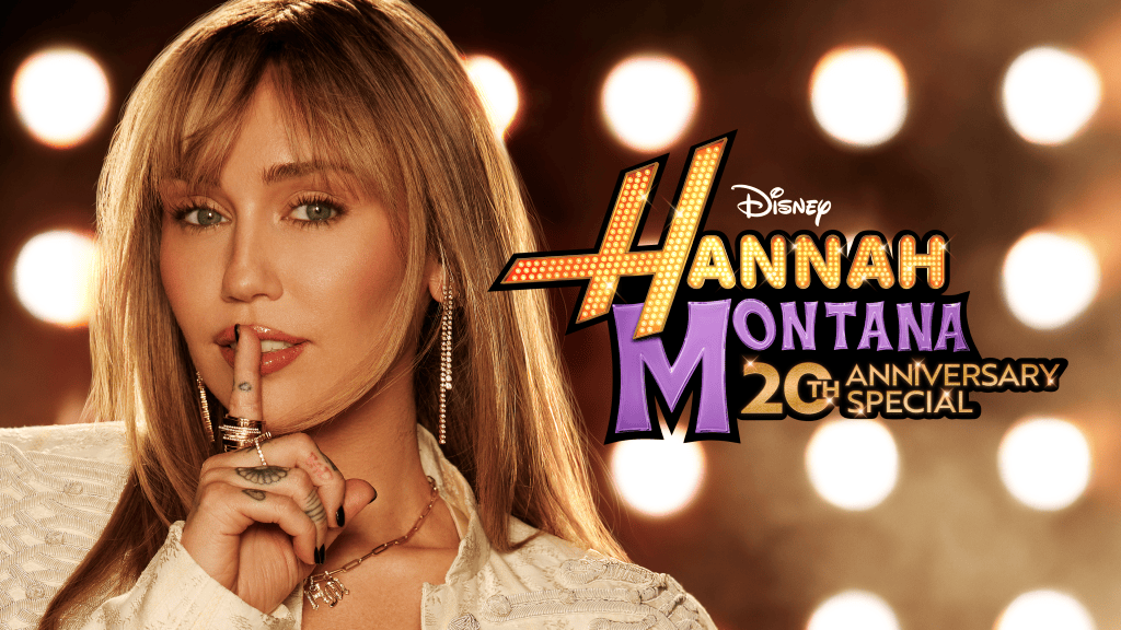 A promotional image for the 20th anniversary special of Hannah Montana featuring a woman with blonde hair, wearing a stylish outfit, and holding a finger to her lips in a playful gesture. The background consists of bright lights and the show's logo.