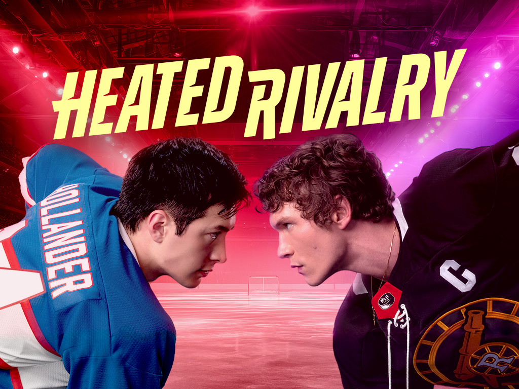 Two opposing hockey players face off with intense expressions, showcasing their rivalry. The background features an ice rink atmosphere with dramatic lighting. Text overlay reads 'HEATED RIVALRY'.